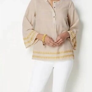 J. Jill Organically Grown Cotton Boho Striped Henley Blouse - Petite Large